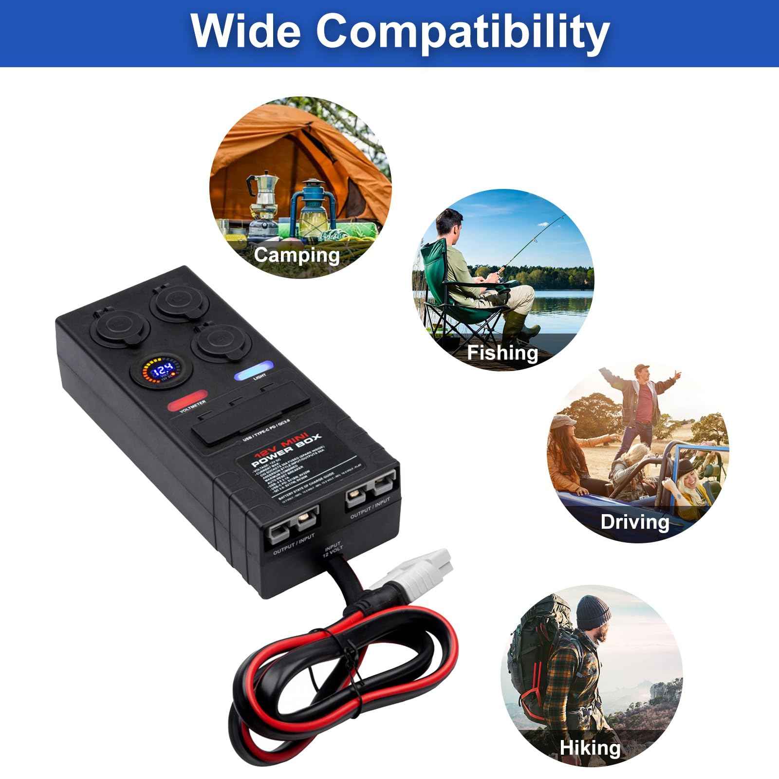 Mini Power Distribution Box 12V DC Battery Socket Max. 50A Current with 2 x Anderson, 6 x USB & 3 x Cig Sockets, Mini Battery Box for Outdoors RV Camping Fishing Emergency