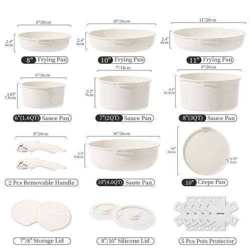 JEETEE 25pcs Pots and Pan Set Non Stick,Detachable Handle Cookware Set,Induction Cooking & RV Camping Stackable Pots Pans，Healthy Kitchen Cookware Set PFAS/PFOA Free Beige