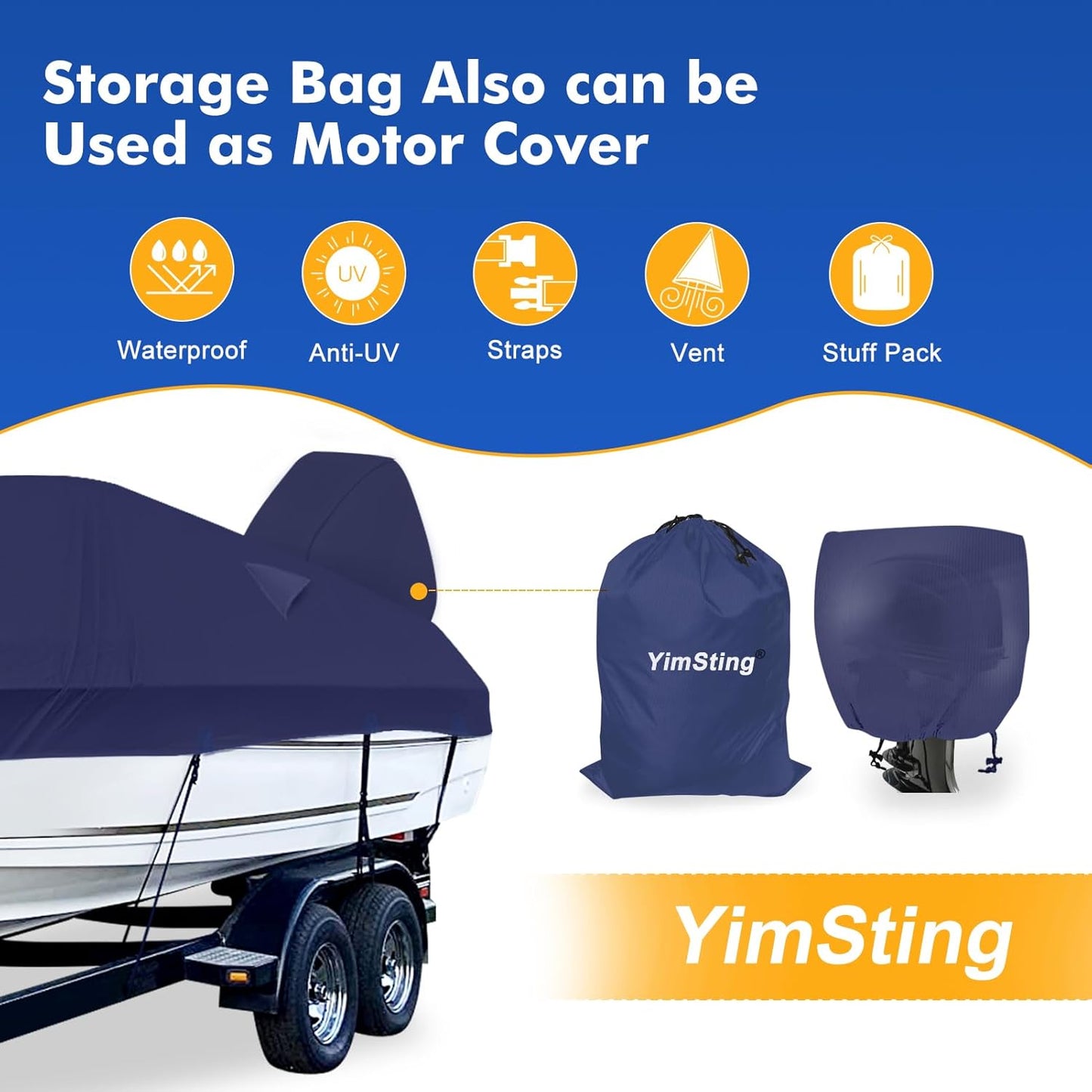 1200D Waterproof Boat Cover - Heavy Duty Canvas for 16' to 18.5' Bass, V-Hull & Bowrider Boats - Navy Blue