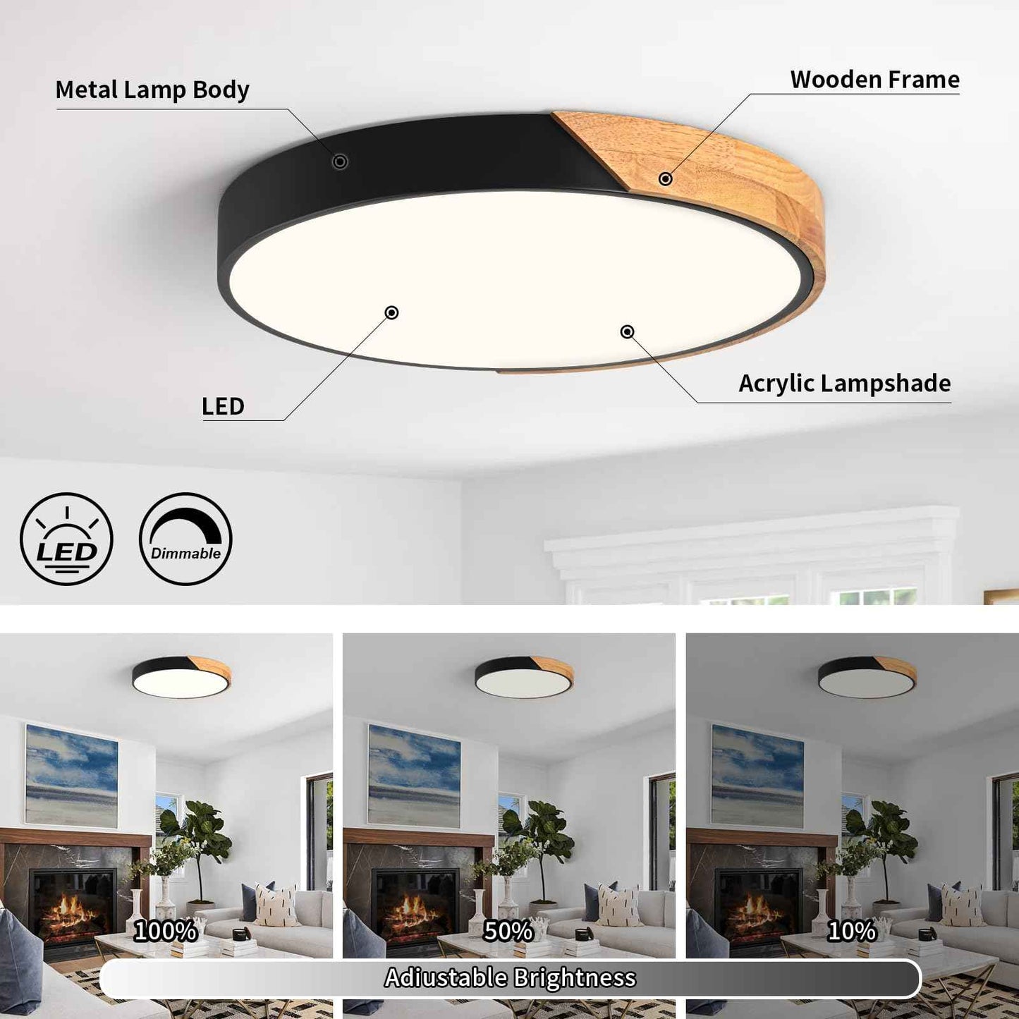 Peblto Modern Dimmable Black LED Ceiling Light, 2700 K - 6000 K 5CCT Wood Flush Mount Ceiling Lighting Fixtures, Minimalist Round Ceiling Lamp for Living Room Bedroom Kitchen Hallway（15.8in）