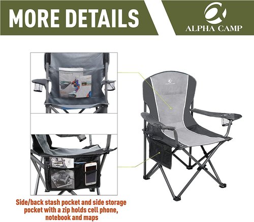ALPHA CAMP Oversized Camping Chair - Heavy Duty Steel Frame, Supports 350 LBS, Portable with Padded Arms & Cup Holder