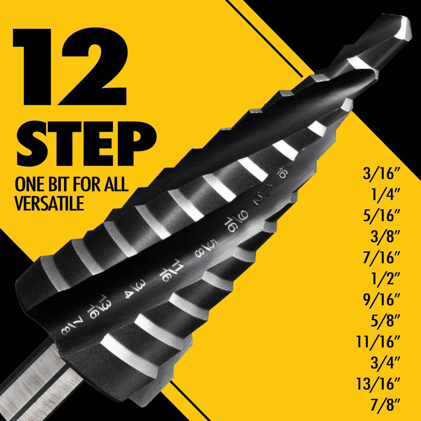 Vouyar Four Spiral Flute Cobalt Step Drill Bit, 3/16'' - 7/8'' M35 TiAlN Coating Impact Ready Unibit Step Drill Bit, 1/4" Hex Shank Step Bit for Metal, Stainless Steel, Aluminum, Plastic
