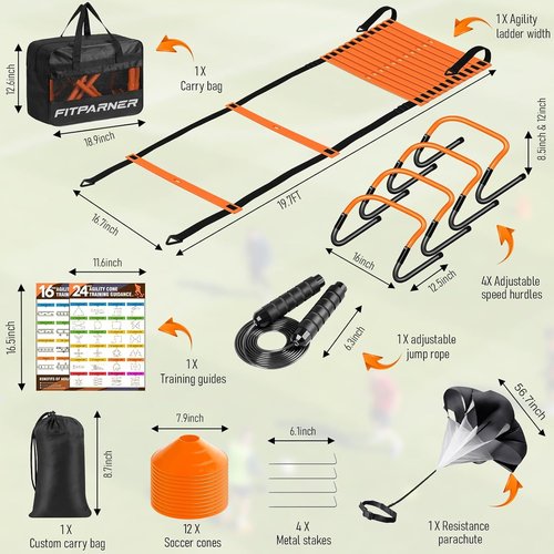 Agility Ladder Training Set - 20ft Speed Ladder with 4 Hurdles, Parachute, 12 Cones & Jump Rope | Enhance Agility & Speed for Kids and Adults