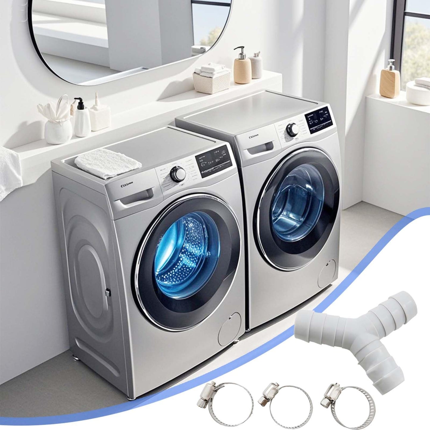 2 Pack Universal Washing Machine Drain Hose Y-Shaped Reducer - Fitting, Hose Splitter, Plastic Connector for Split Pipe Connection, Three-Way Adapter with Hose Clamps for Bathroom and Kitchen Use