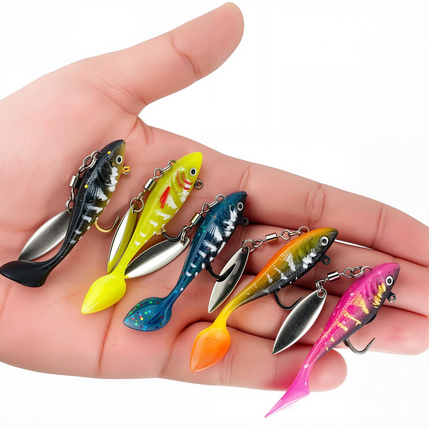 5pc Pre-Rigged Swim Baits for Bass Fishing - Jig Heads Soft Plastic Walleye Lures, Paddle Tail Swimbaits with Spinner Blades for Bass, Crappie & Trout Lures, Fishing Bait for Saltwater & Freshwater