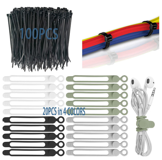120 Pcs Cable Organizer Set, 20pcs Silicone Cable Ties Reusable & Nylon Cable Ties 100pcs, Multipurpose Elastic Cord Management Organizer for Charger, USB, Phone, Data Cables - Black White Green Grey