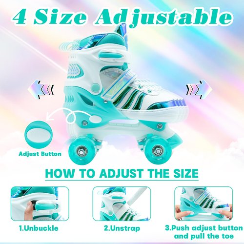 Roller Skates for Kids, Adjustable Quad Skates for Youth Teen Age 5-8 with Light Up Wheels, Children Beginners Rollerskates for Indoor Outdoor Spots
