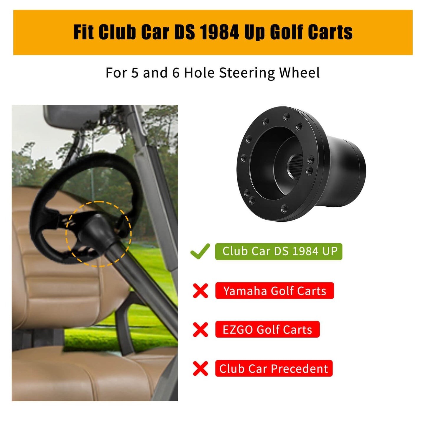 Club Car DS Steering Wheel Adapter Hub for Club Car DS 1984+ Golf Cart with 5-6 Holes Golf Cart Steering Wheel