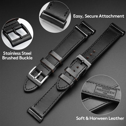 Genuine Horween Leather Black Watch Band Compatible with Fitbit Versa 3 / Versa 4 / Fitbit Sense 1 / Sense 2 for Men And Woman.