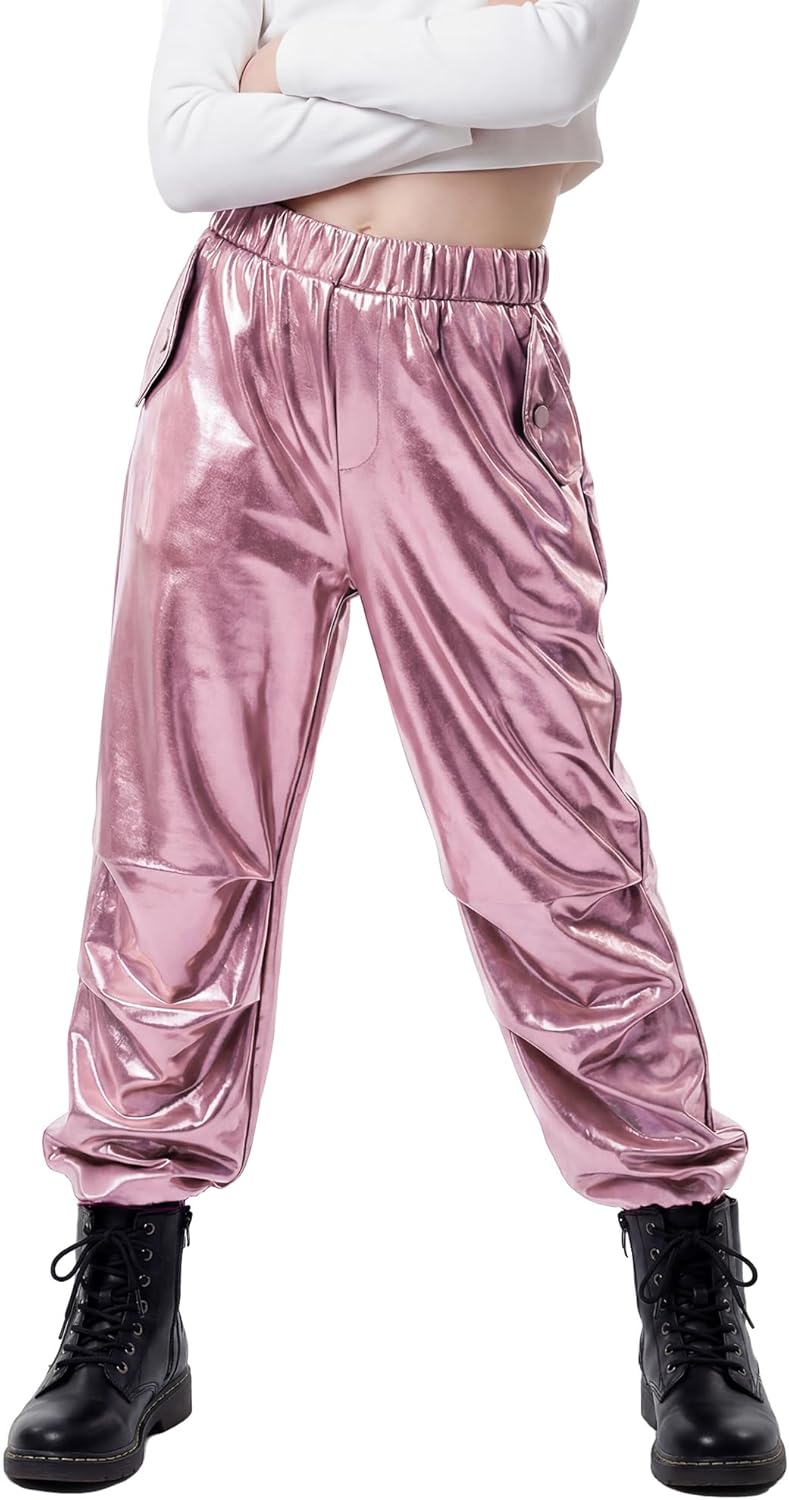 Stelle Girls Metallic Cargo Pants - Shiny Hip Hop Dance Joggers | Sparkly Stretchy Wide Leg for Ages 4-15