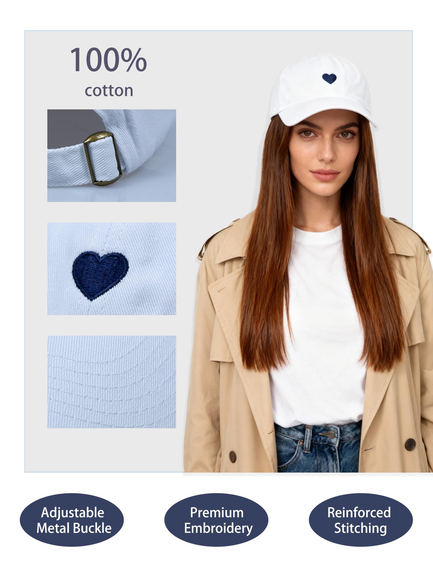JYNBELSOR Heart Embroidered Baseball Cap, Cotton Adjustable Hat for Women Mom Hat Plain Cap White