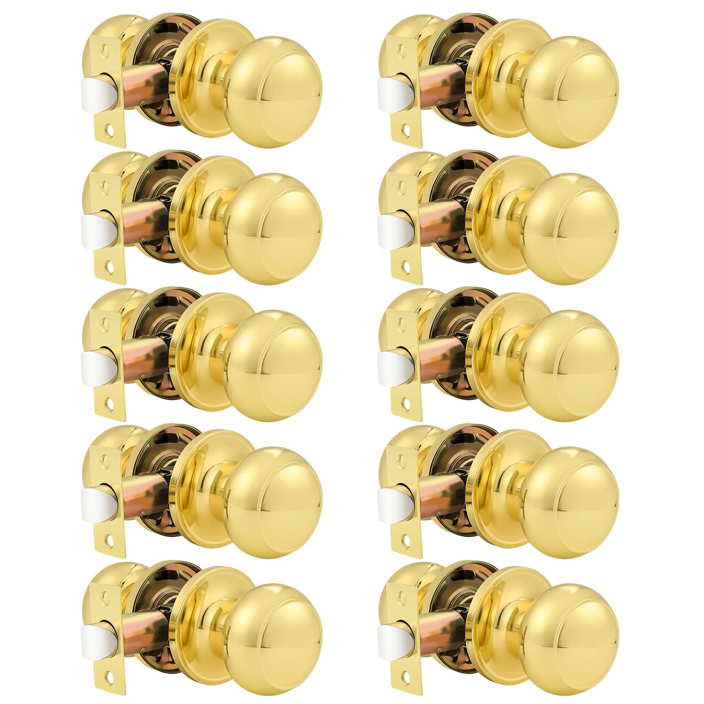 Probrico Round Door Knobs Passage Lock Polished Brass for Closet Hallway Passage Handle Keyless Lockset 10 Pack