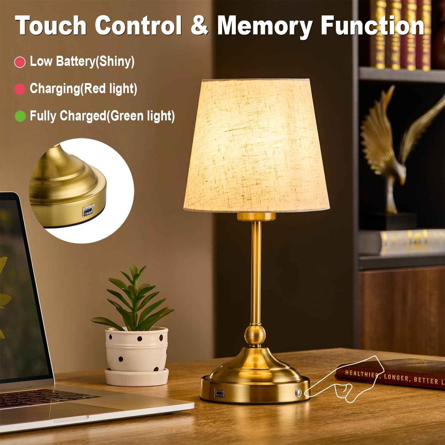 BOHON Cordless Lamp with Dimmer, Built-in 5200mAh Rechargeable Lamp, Patio Table Lamp, LED Bedside Night Light, Outdoor Ambient Light for Camping Restaurant Bedroom Dining Room Decor, Antique Brass