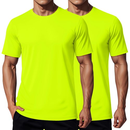 MAGCOMSEN 2 Pack Athletic Short Sleeve Shirts for Men UPF 50+ Dry Fit Moisture Wicking Running Gym Workout T Shirt Casual Neon Work Shirts Fluorescent Green