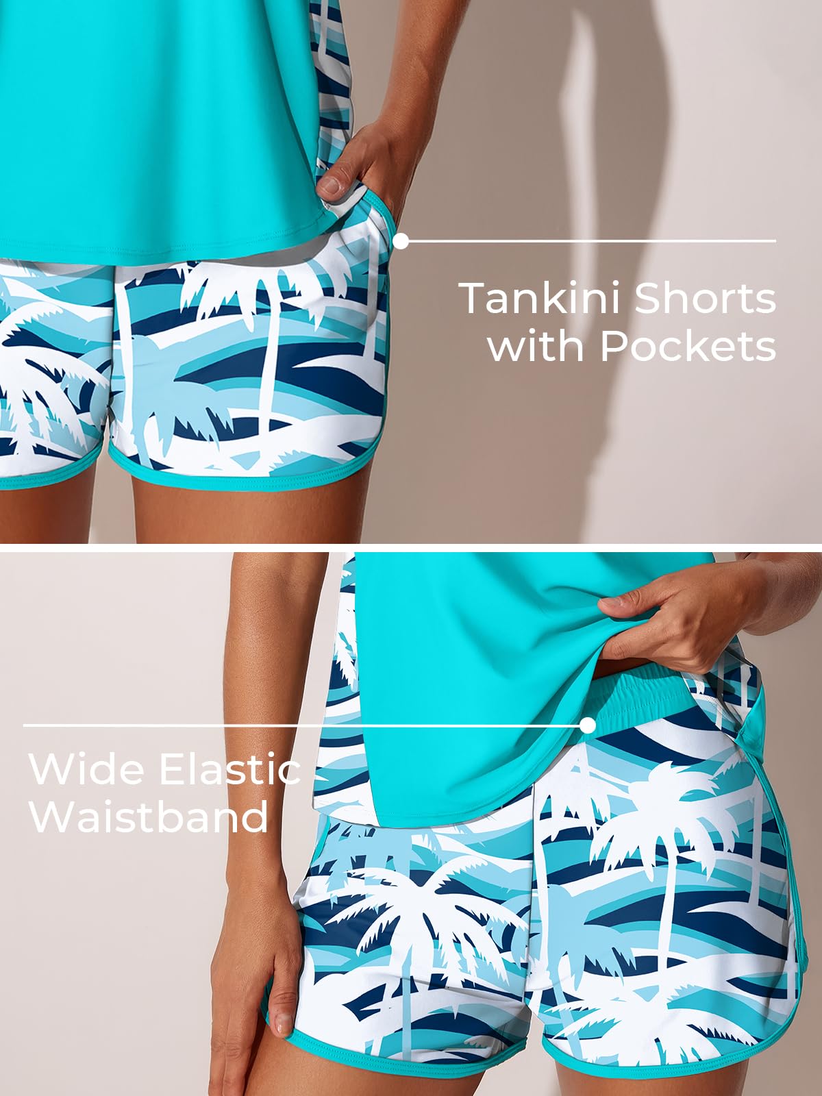 Summer Mae Blouson Tankini Swimsuits for Women 2026 Tummy Control Two Piece Bathing Suits with Sporty Pockets Swim Shorts Coconut Tree on The Sea Size 14