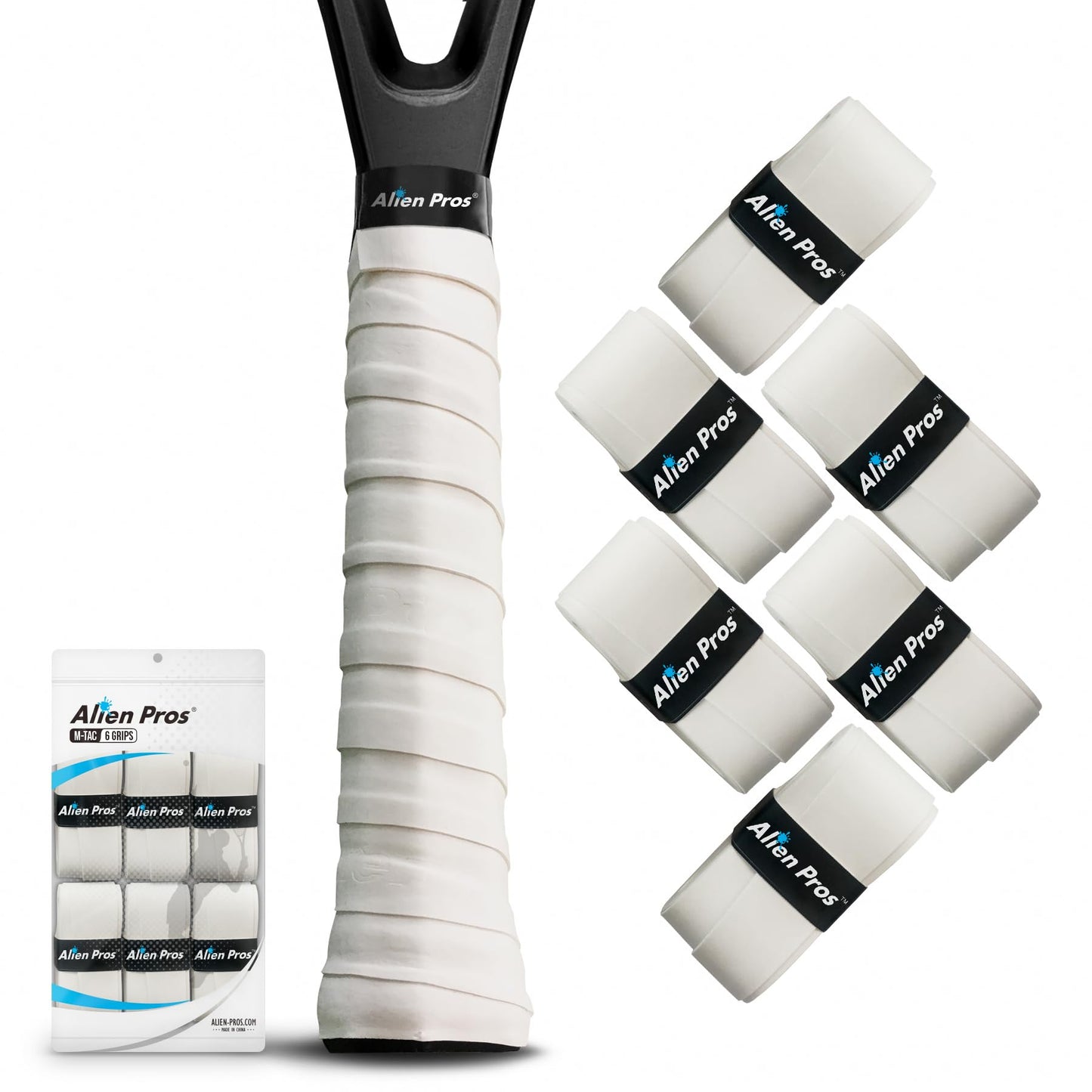 ALIEN PROS New Model M-Tac Tennis Racket Grip Tape (6 Grips) - Overgrip for High Performance Racquet Wrap (White)