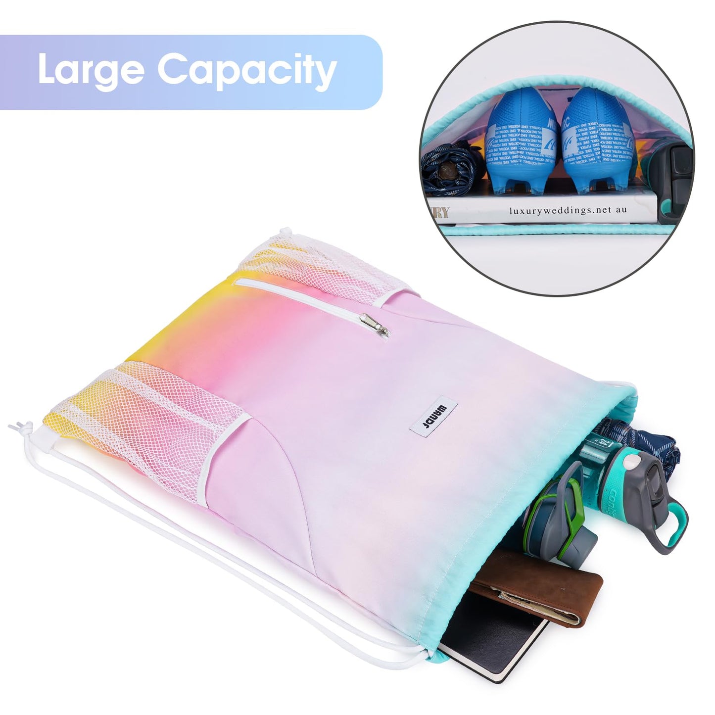 WANDF Drawstring Backpack Sports Gym Sackpack with Mesh Pockets Water Resistant String Bag for Women Men (Rainbow)