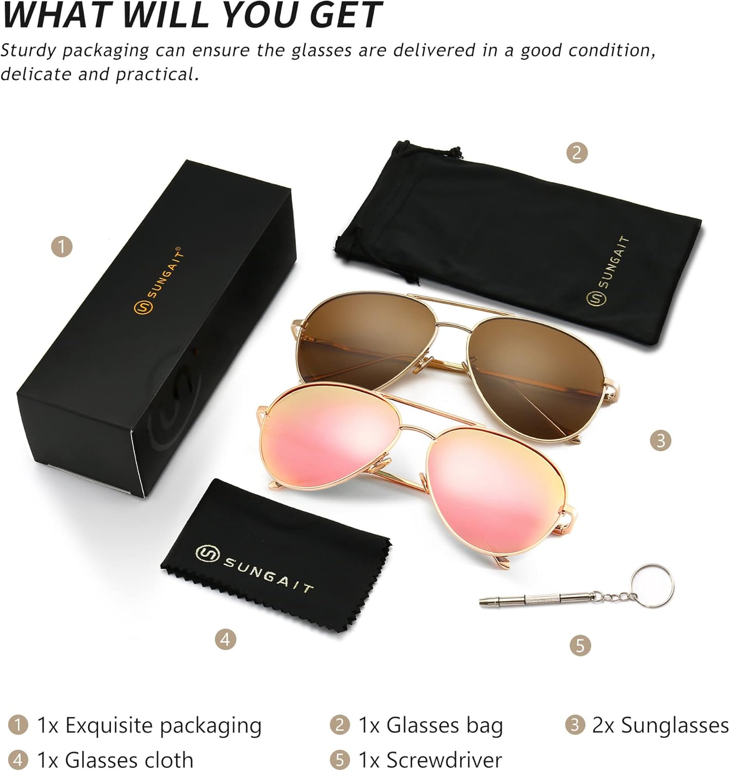 SUNGAIT Women's Aviator Sunglasses - Lightweight Oversized Design with Mirrored Polarized Lenses