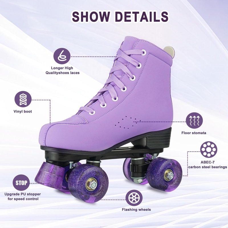 YYW Women Roller Skates High Top Shoes Men Double Row Shiny Roller Derby Skates Four Wheel Unisex PU Classic Skates for Beginner Outdoor (Purple Flashing Wheel,US40- Women's 9/Men's 7.5)