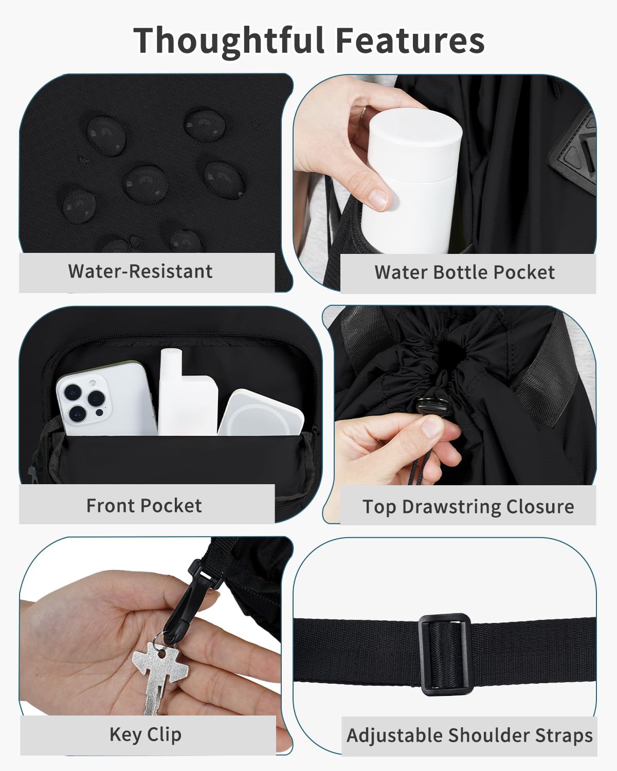 WANDF Drawstring Backpack with Removable Wet Pocket, Sandproof Beach Backpack with Bottom Compression Strap for Beach Mat, Swim Bag for Pool, Gym, Travel and Workout Gear (Black)