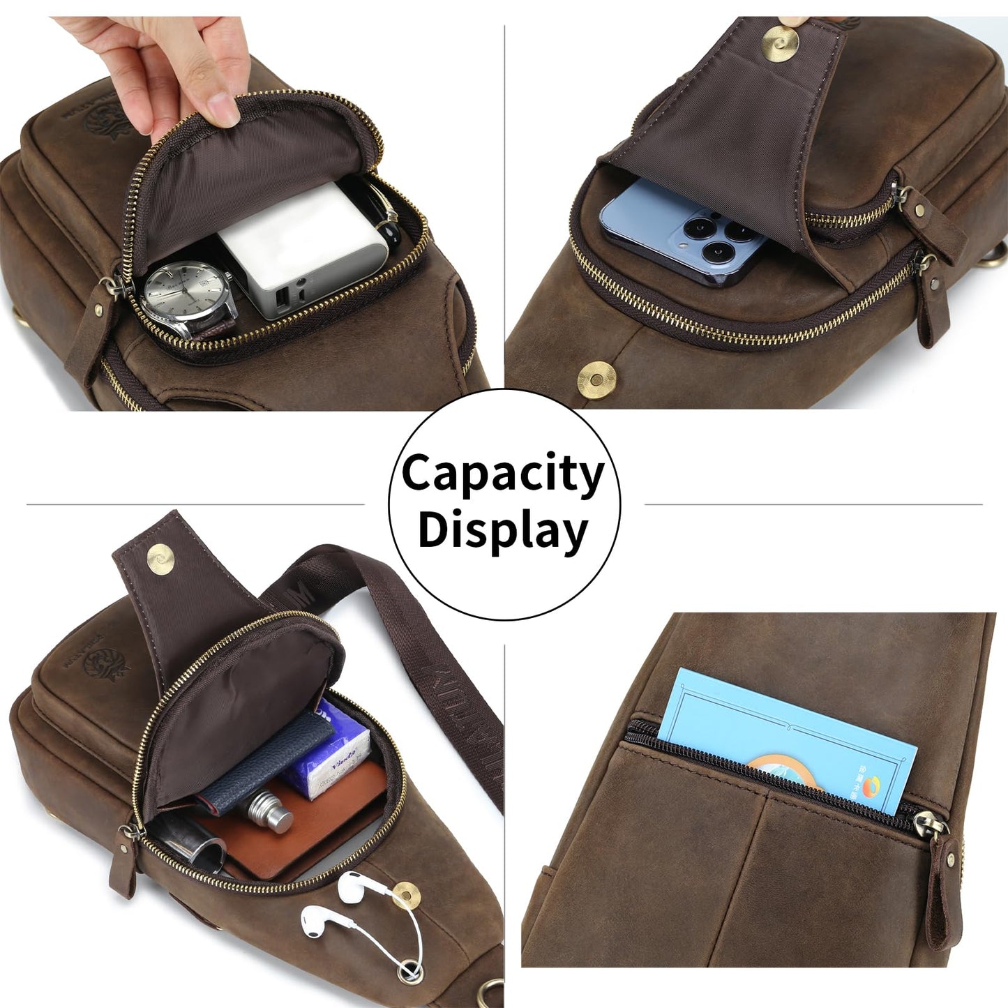 SCHLATUM Mens Sling Bag Genuine Leather Crossbody Bags for Men Small Sling Chest Backpack Casual Man Bag Hiking Outdoor, Coffee