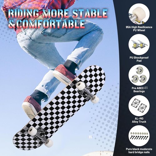ANYFUN Pro Complete Skateboards for Beginners Girls Boys Kids Youths Teens Adults 31"x8" Skate Boards 7 Layers Canadian Maple Double Kick Deck Concave Longboard (Checkerboard)