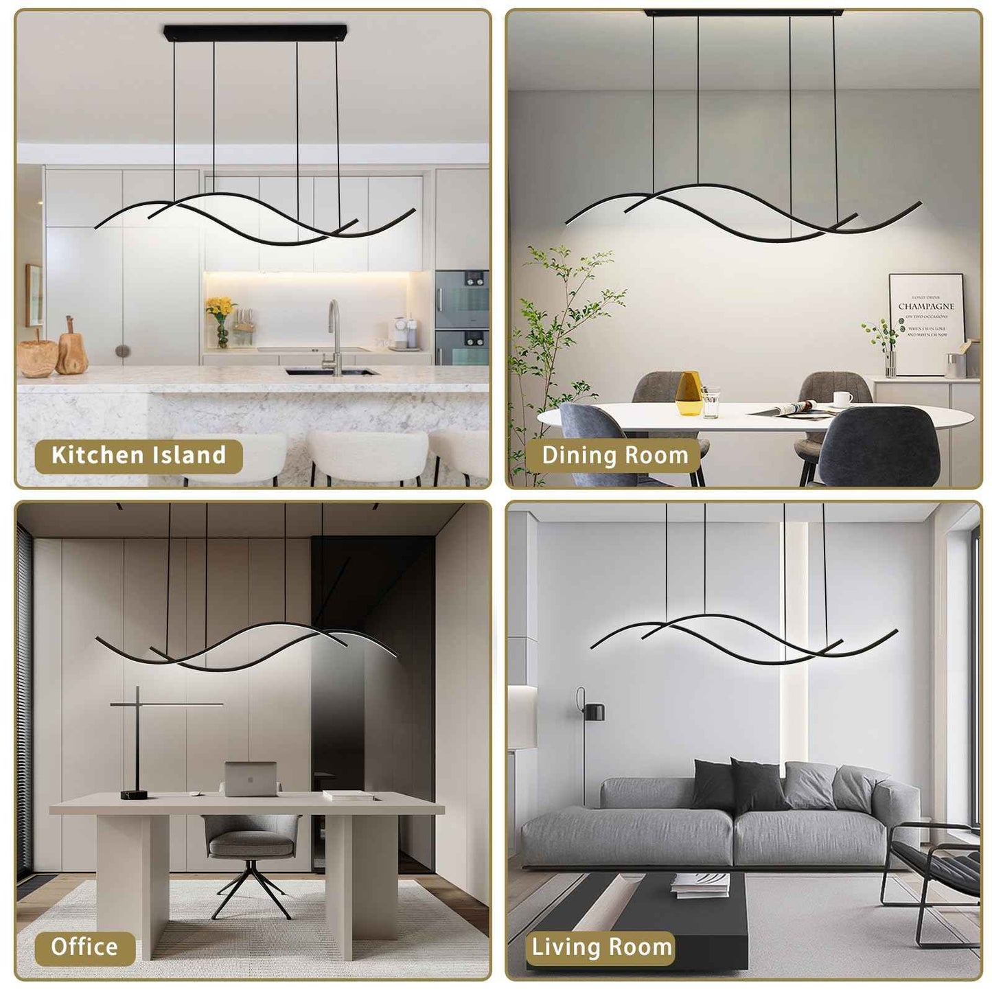 Modern Led Pendant Light, Dimmable Black Led Chandelier for Dining Room Light Fixture Over Table Creative Wave Pendant Light for Kitchen Island, Dining Room, Bedroom