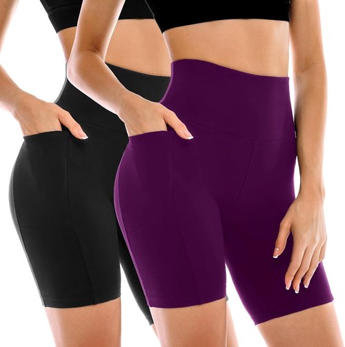 Leafigure High Waisted Biker Shorts for Women - 2 Pack with Pockets for Gym & Yoga