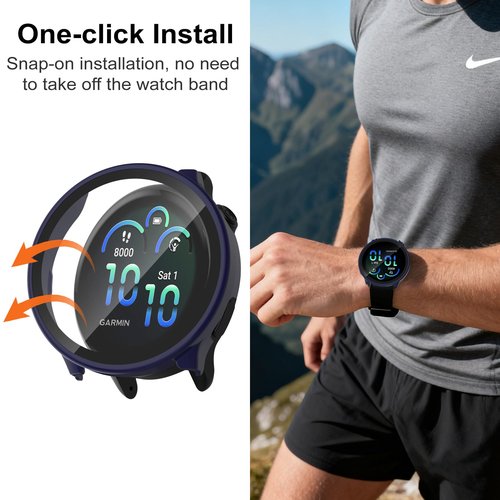 JADTILXY Case Compatible with Garmin vivoactive 6 with Screen Protector, 4-Pack Hard PC Cover HD Tempered Glass Case Anti-scratch Full Protection Shell for Garmin vivoactive 6 (Black+Blue+Green+Clear)