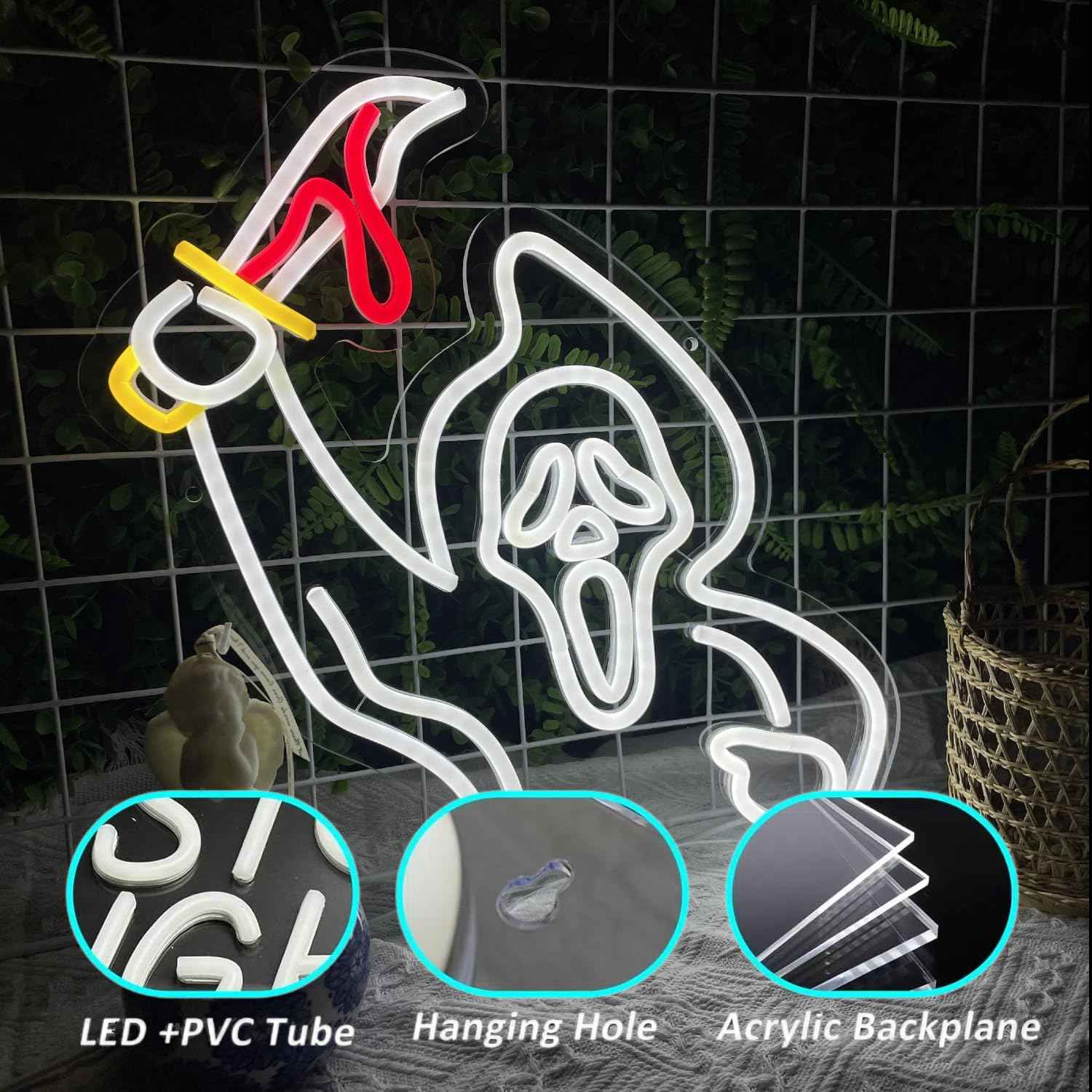 Halloween Ghost Face Neon Sign Decoration，Ghost With Knife Lights for Wall Decor Hanging Ghost LED Signs for Bar Bedroom Game Room Man Cave Neon Art Signs for Halloween Party