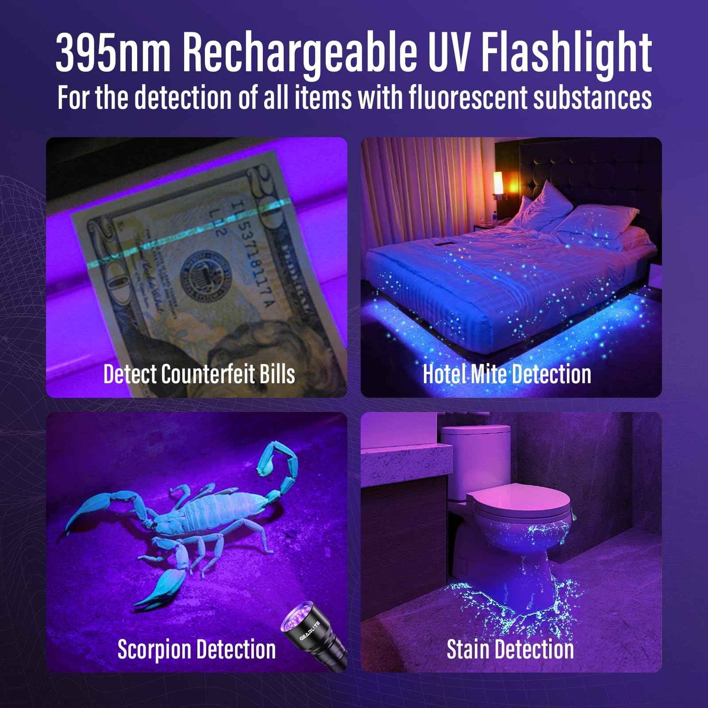 UV Flashlight Black Light 2 Pack, 21 LED 395nm Ultraviolet Rechargeable Flashlights UV Light, Waterproof Portable BlackLight Flashlights for Pet Urine Detection, Dry Stains, Bed Bug, Fluorescent Agent
