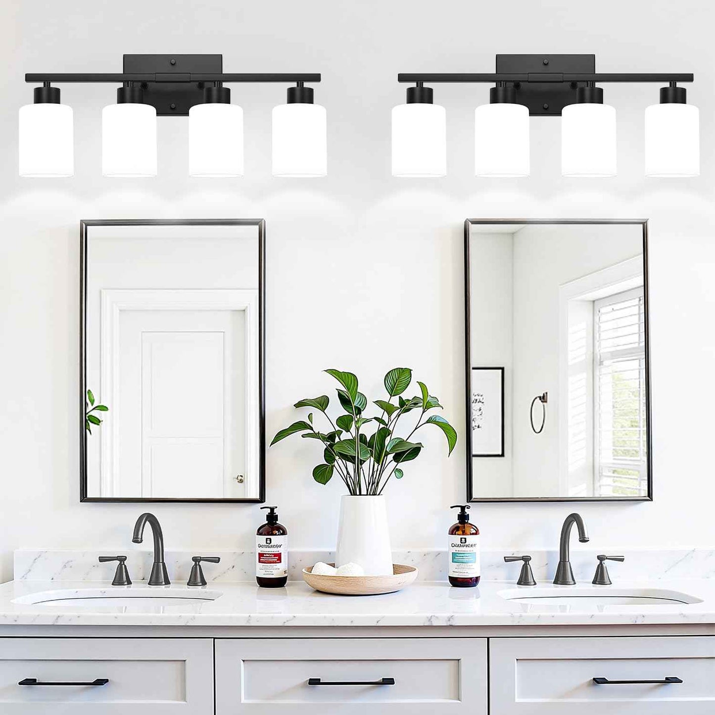4-Light Bathroom Vanity Light Fixture, Matte Black Finish with Frosted Glass Shades, Modern Bathroom Light Fixtures for Mirror, Living Room, or Bedroom, E26 Socket