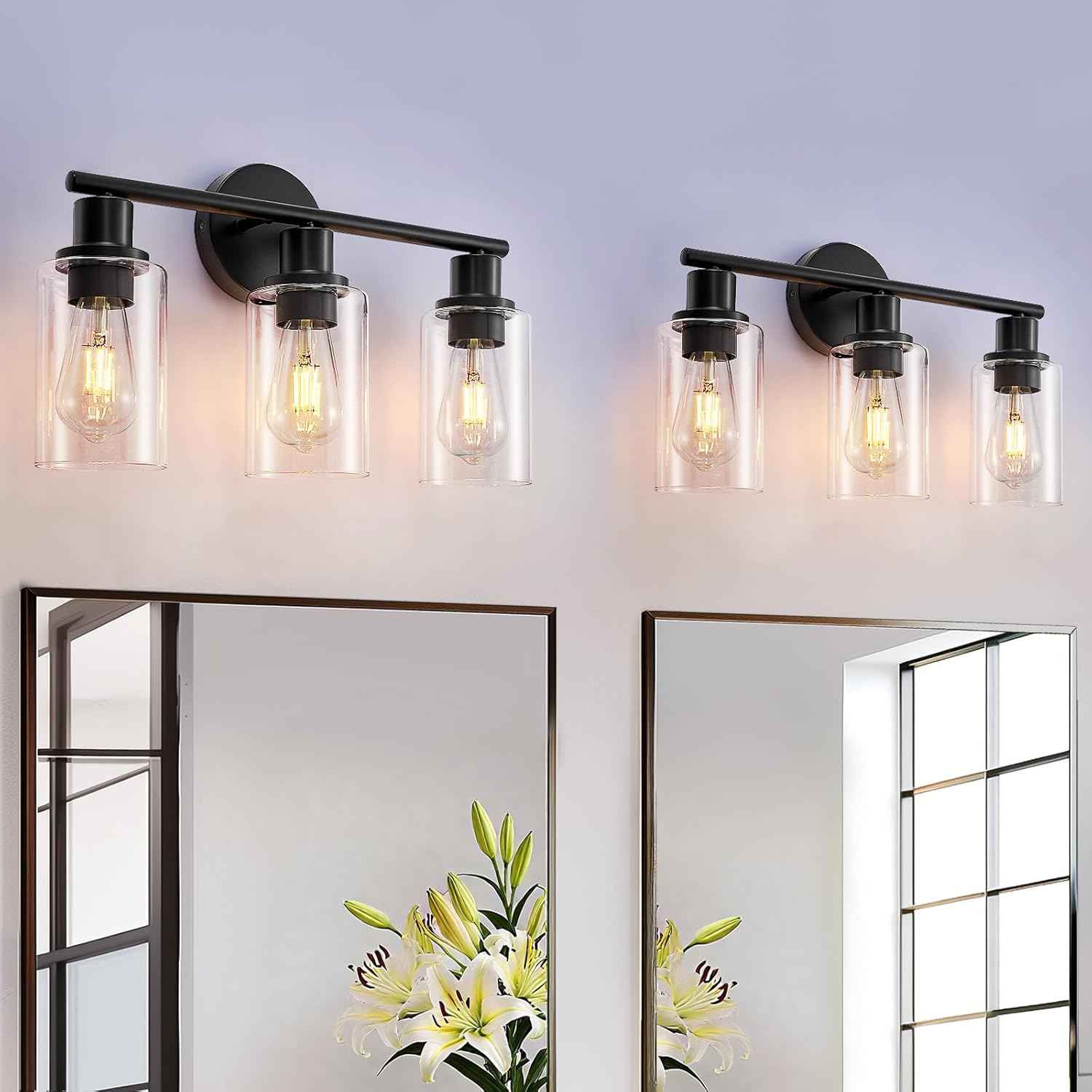 Modern Black 3-Light Bathroom Vanity Light Fixtures with Clear Glass Shades - 2 Pack