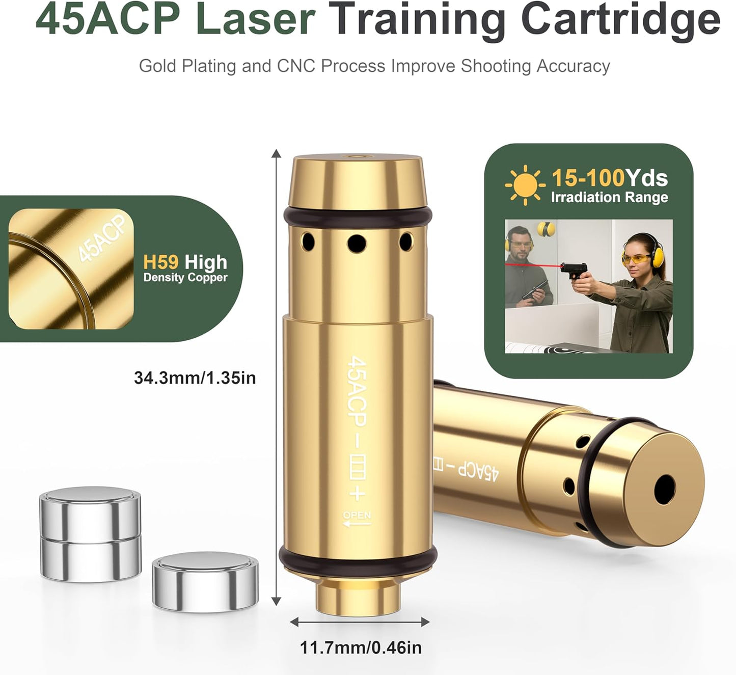 45ACP Laser Training Cartridge - Dry Fire System with Rubber Snap Cap & Batteries for Shooting Practice