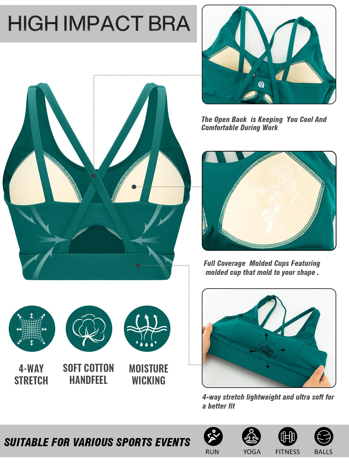 RUNNING GIRL Sports Bras for Women High Support, Criss-Cross Back Strappy Sports Bras for Women with Sewn in Pads(WX3081_Dark Green_L)