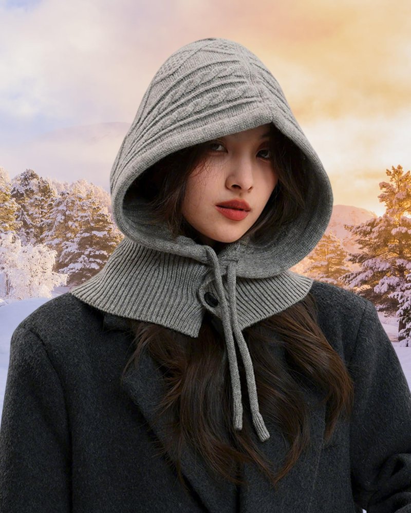 Peicees Knitted Balaclava Drawstring Hooded Scarf Hat Womens Beanie Skull Cap Winter Neck Gaiters Fashion Deep Grey