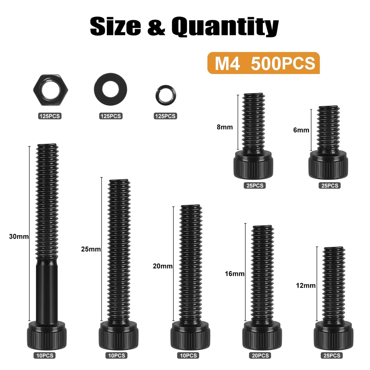 VGBUY 500Pcs M4 Screw Kit, Black M4 Screws (7 Sizes 6-30mm), Assorted Metric Nuts and Bolts Assortment Kit, Hex Socket Head Cap 6/8/12/16/20/25/30mm with Washer Nuts, 12.9 Grade