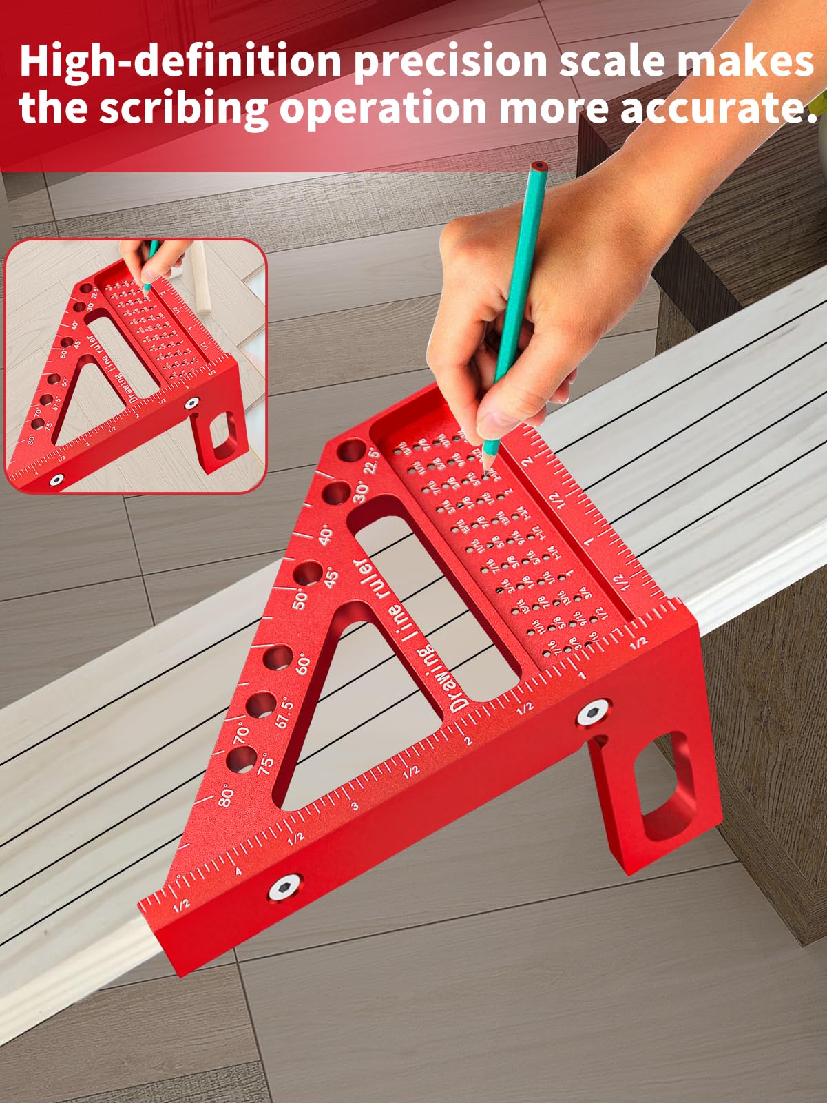 3D Multi-Angle Carpenter Square Aluminum Alloy Multi Hole Scribing Ruler High Precision Woodworking Tools for Engineer Carpenter Crafting (Red)