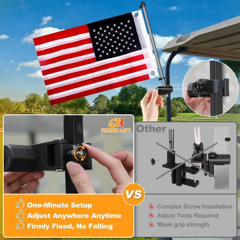 Universal Golf Cart Flag Pole 2pcs, Flag Pole Kit for YamahaEZGOClub CarBoat\UTVATV ,Flag Holder Bracket with 0.59"-1.25" Round Square Rails,Heavy Duty ABS Plastic Base Windproof Bracket,Included USA Flag,2pcs USA Flag Included