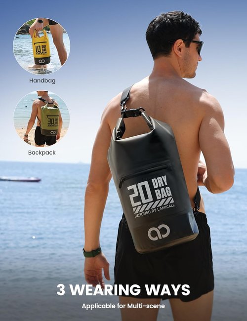 Lamicall Waterproof Dry Bag - 10L Floating Roll Top Backpack with Phone Pouch - Black
