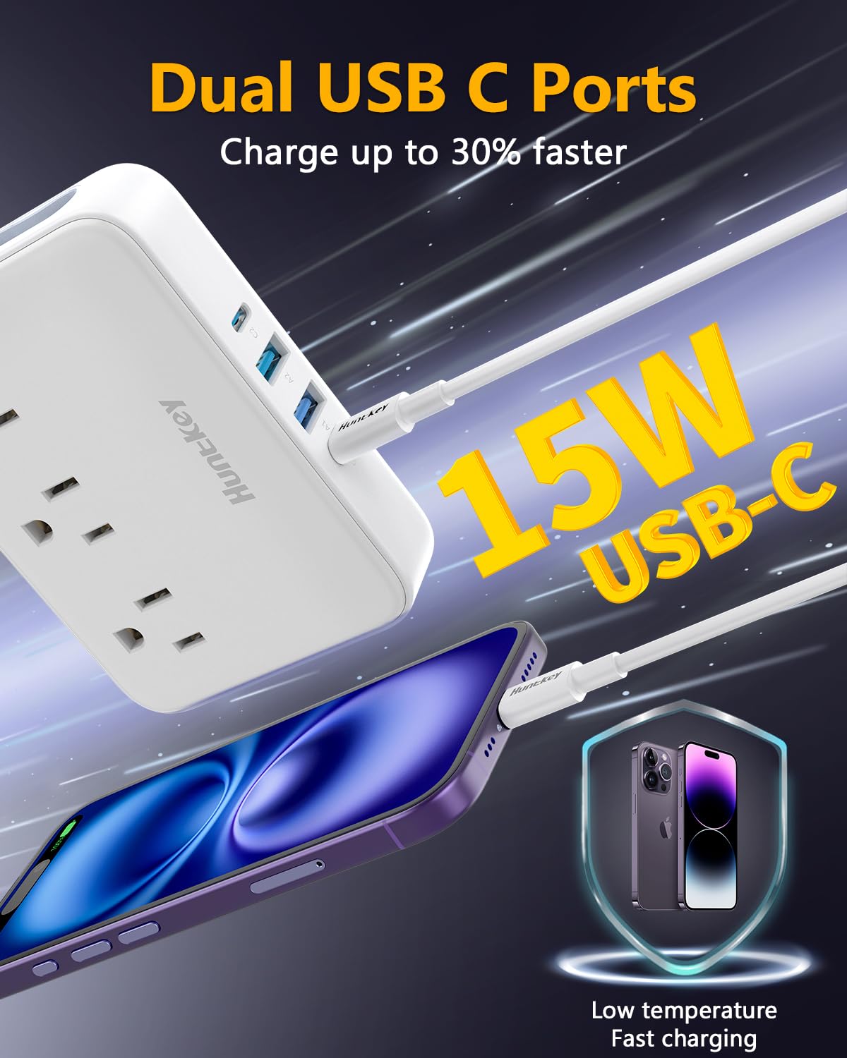 Non Surge Power Strip for Cruise, Travel Power Strip Cord Removable for Easy Packing, Huntkey 3 Outlets with 4 USB Ports (2 USB-C, 2 USB-A), 4ft/10ft/16ft Cord Available, Power Cord Sold Separately