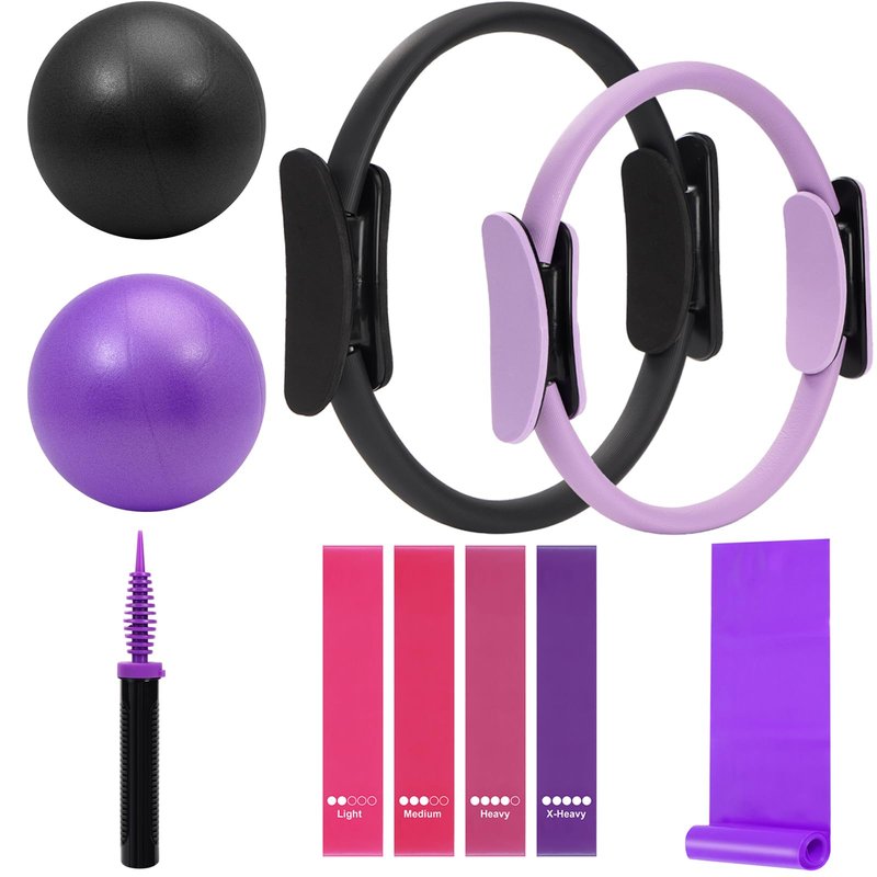 WOCUME Pilates Ring Fitness Circles Set, Dual Padded Handles Home Pilates Equipment Set for Women Includes 2 Pilates Ring, 2 Pilates Mini Ball, and 5 Resistance Bands At Home Pilates Workout Set