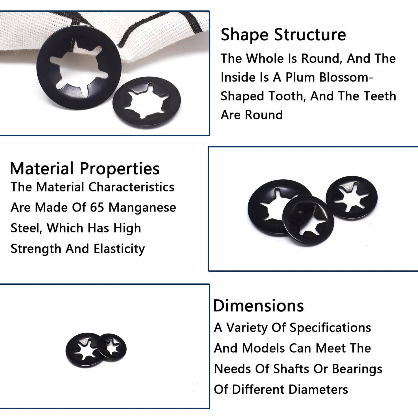 Renashed 340Pcs Internal Tooth Star Lock Washers, M3-M12 Quick Speed Locking Washers Assortment Kit 65Mn Steel Black Oxide Finish Push on Locking Washer, 7 Size