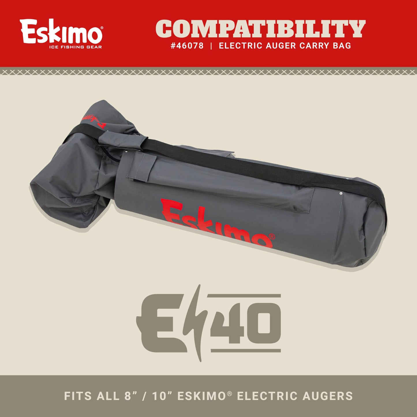 Eskimo® Electric Auger Carry Bag, E40 Compatible, Gray, Carry Handle, Extension Pocket, Durable Construction, Storage Pockets, 46078