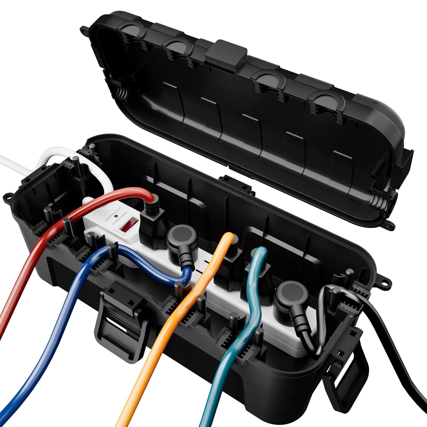 RESTMO Outdoor Electrical Box, IP54 Weatherproof Extension Cord Cover with 6 Cable Entry Ports, Waterproof Connection Box Protect Power Strip, Timer, Plug, Holiday Lights, (11.5x5.2x4 inch), Black