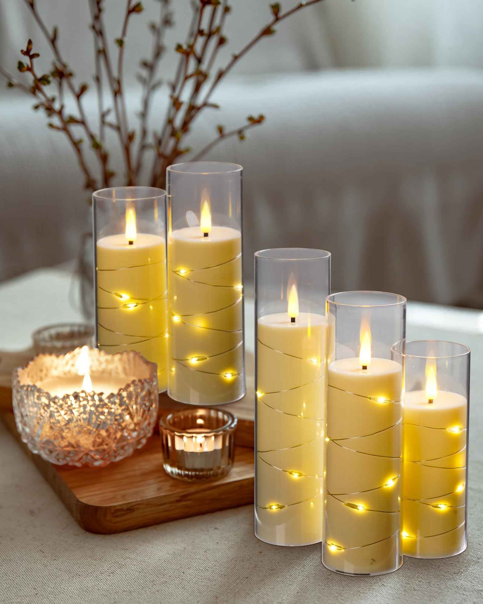 Da by Flickering Flameless Candle with Embedded Star String ，Acrylic LED Pillar Candles with 11-Key Remote Control and Timer，Battery Operated Candles, Ivory, Set of 5(D2.3×H5“/5“/ 6”/7“/8”)