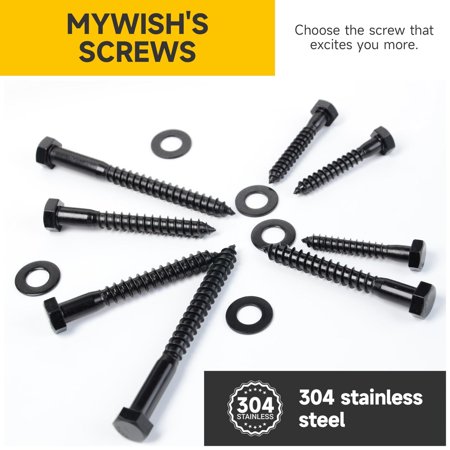 MYWISH (20Sets) 1/4" x 2" Hex Head Lag Bolts, Heavy Duty Lag Screws with Washers, 304 Stainless Steel Bolts 18-8, Lag Screws Wood Screws, Partial Thread Black Oxide, 1/4 Bolt