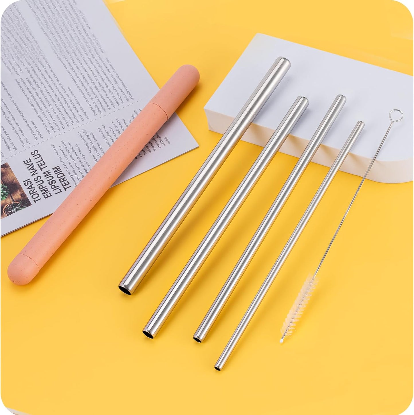 Stainless Steel Straw Set by [Brand Name] - 4-Pack Reusable Straws | 215mm Length, 6/8/10/12mm Diameters - Perfect for Coffee & Smoothies