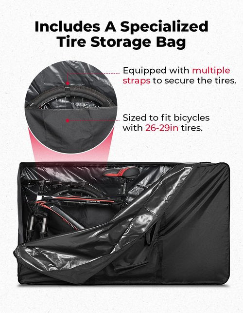 KEMIMOTO Bike Travel Bag, Heavy-Duty 900D Water-Resistant with Fixed Buckles & Interior Compartments, Airplane Bicycle Storage Box Cases Fits 26-29 Inch Mountain, Road E-Bikes (55.9" x 12.6" x 33")