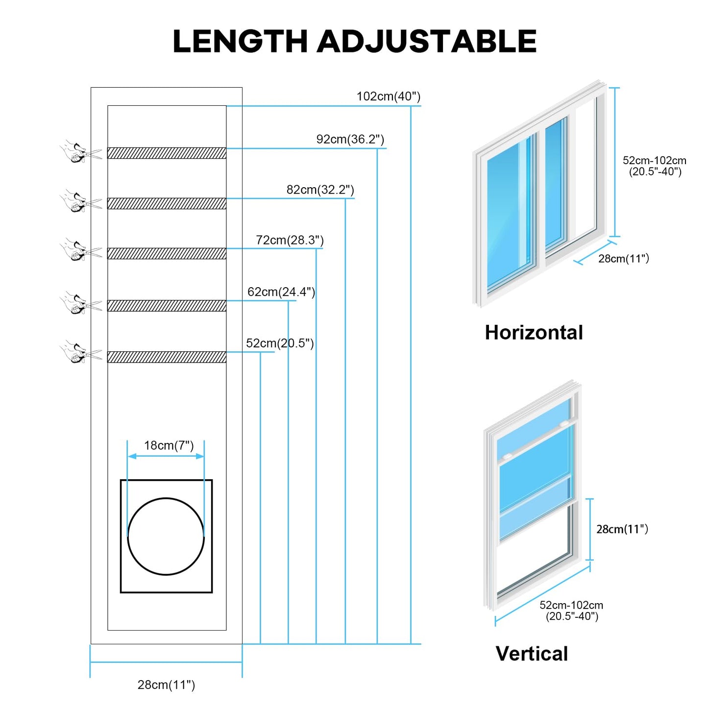 Portable Air Conditioner Window Vent Kit, Universal Sliding Window Seal Kit for Mobile Air Conditioning & Dryer, 28x52~102cm Length Adjustable Full Sealing Waterproof A/C Window Vent Sealing Cloth